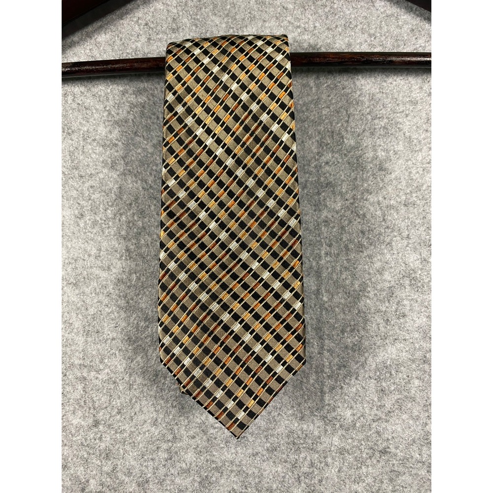 Pronto Uomo Mens SilkTie Black Gold Orange Geometric Grid Plaid HandMade Necktie
